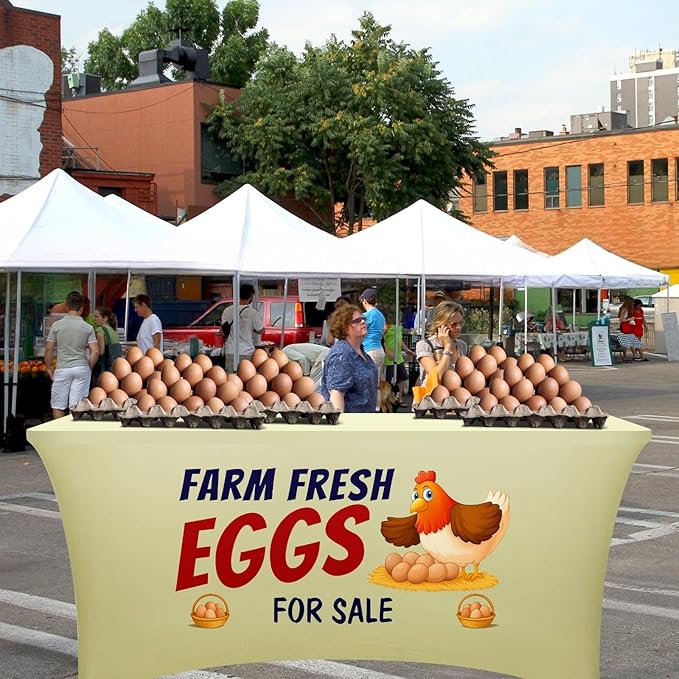 Oudain 6 ft Farm Fresh Eggs Tablecloth Stand Supplies Stretch Spandex Table Cloth Cover Rectangle Table Decor for Farmers Market Chicken Coop Small Business