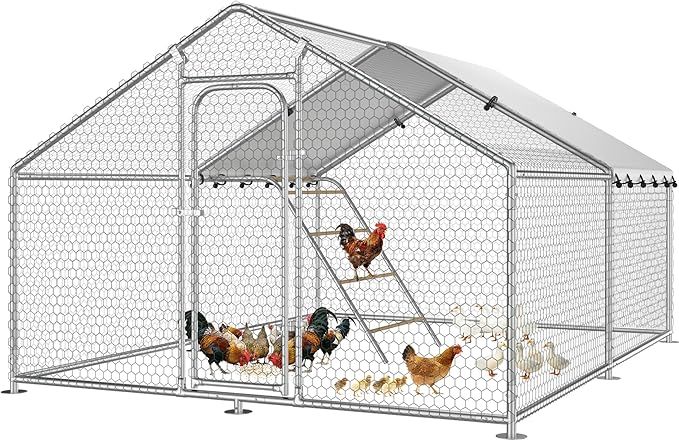 Large Metal Chicken Coop with Waterproof and UV-Resistant Cover,Chicken Run Outdoor Walk-in Cage Rabbit Duck Hen House for Yard Farm Use Spire Roof (10’ W x 9.9’ L x 6.4’ H)