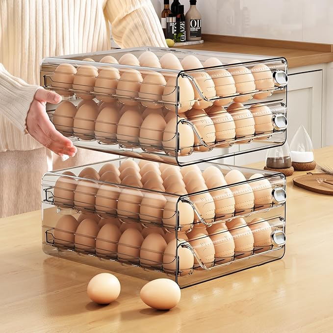 60 Eggs Organizer for Refrigerator, Large Egg Holder for Fridge, Clear Egg Container for Refrigerator, Stackable Egg Storage Trays for Countertop, Egg Drawer Dispenser, Egg Storage Container