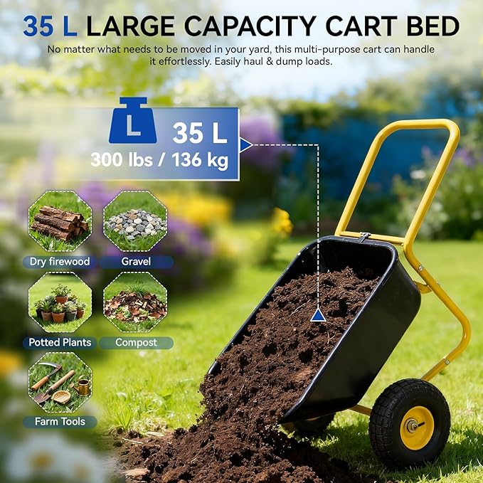 Dual Wheel Garden Wheelbarrow,Heavy Duty Yard Cart with 10“/15" Pneumatic Tires, Rustproof Poly Tray & Steel Handle, 300 lbs Capacity Utility Cart for Lawn, Farm, and Landscaping (Yellow+Black-10“)