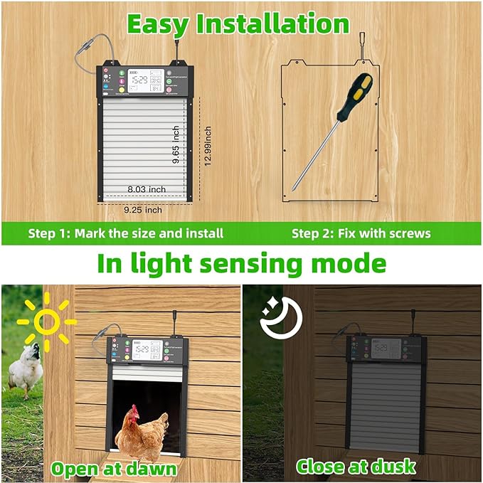 Automatic Chicken Coop Door, Tuya App Remote Control, Door Status Detection, WiFi Reconnection, Auto Chicken Door Solar with Light Sensor, Timer, Anti-Pinch, 4000 mAh Battery, LCD Displayer