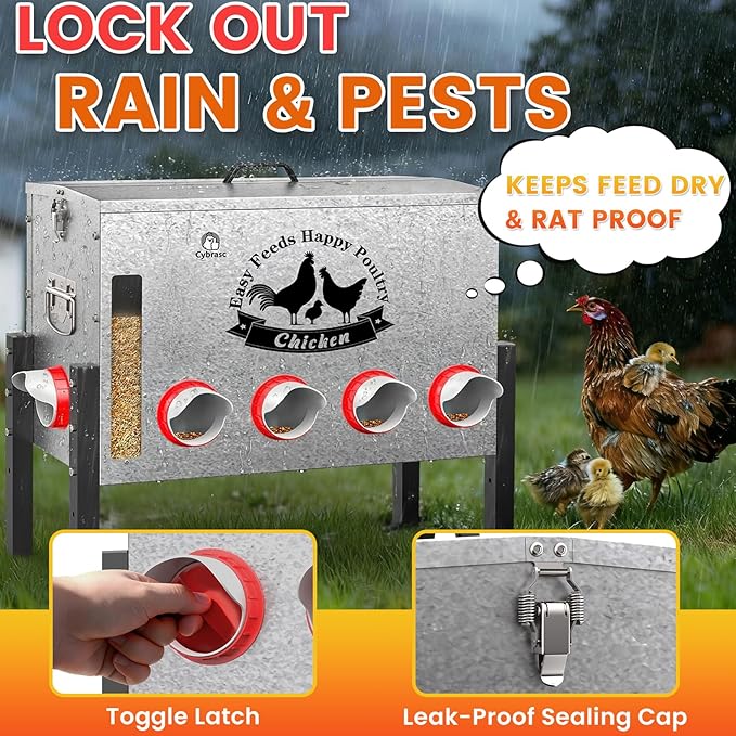 16gal Large Automatic Chicken Feeder - 10 Port No Waste Poultry Feeder, Rust-Proof Alloy Steel with Locking Lid & Adjustable Legs for Chickens, Ducks, Geese, Poultry