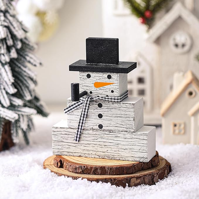 Geelin 4 Pcs Snowman Decor Winter Table Decorations Christmas Tiered Tray Decor Winter Centerpiece Decorations Indoor Rustic Wooden Snowman Block Sign Gift for Home Table Kitchen Shelf