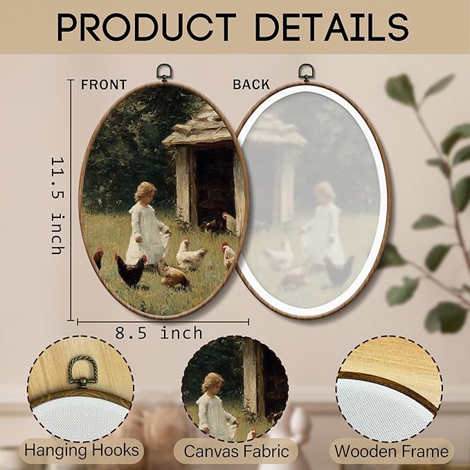 Yorhifa Vintage Rustic Farmhouse Framed Wall Art, Cottagecore Country Farm Girl and Chicken Oval Wall Art, Farmhouse Farm Life Oval Walls Decor, Pastoral Canvas Artwork Hanging Decor, 8.5x11.5in