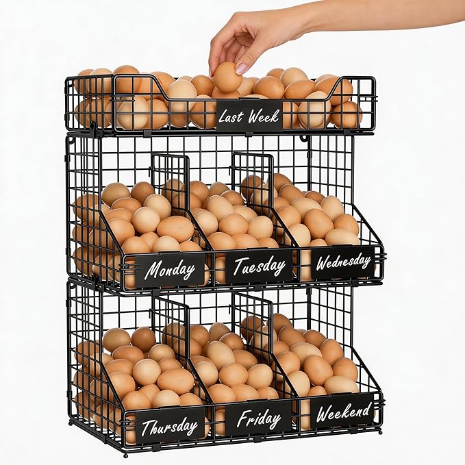 X-cosrack Egg Holder Countertop, 3 Tier Egg Rack with Labels Dividers to Separate Eggs, Stackable Wire Baskets for Fresh Egg, XXL Egg Dispenser for Countertop/Wall-Mounted (Patent Pending)
