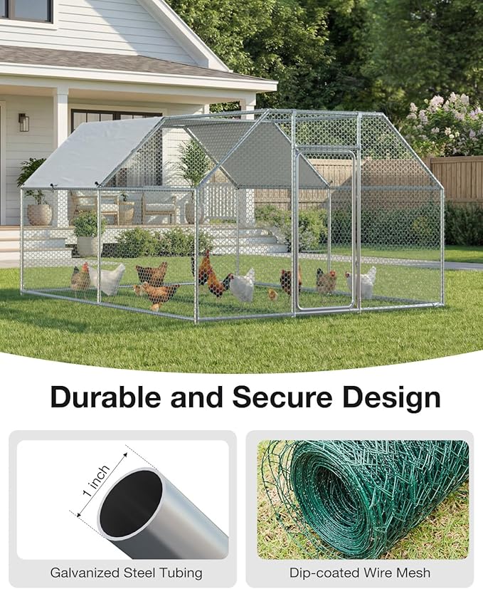 Esright Metal Large Chicken Coop Run for Yard with Cover, 13x10x6.4 FT Walk-in Chicken Pen for Outdoor, Backyard, and Farm, Hen Cage House Suitable for 8-12 Chickens, Flat Roof