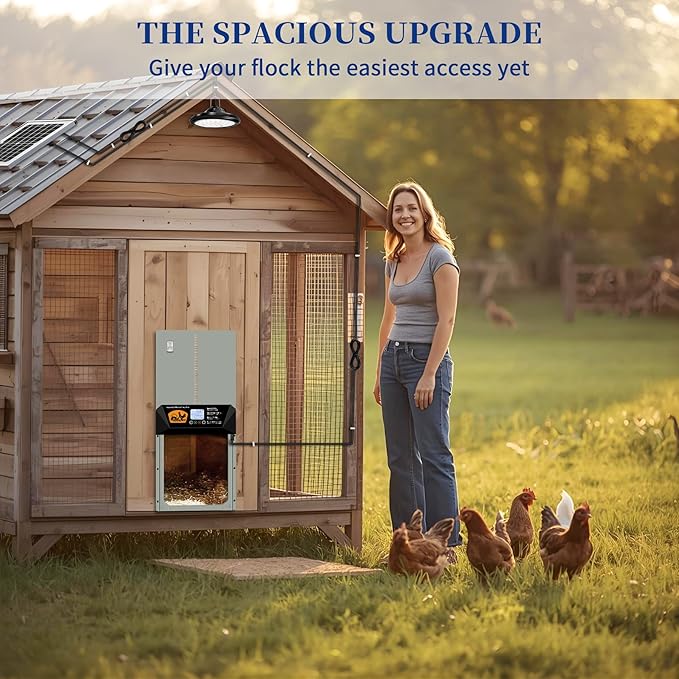 Automatic Chicken Coop Door with Solar Panel & Light - Solar Powered, Timer & Remote, 16”x12” Door, Anti-Pinch Alarm, Waterproof Aluminum, 5-Year Warranty for Hens Ducks Poultry