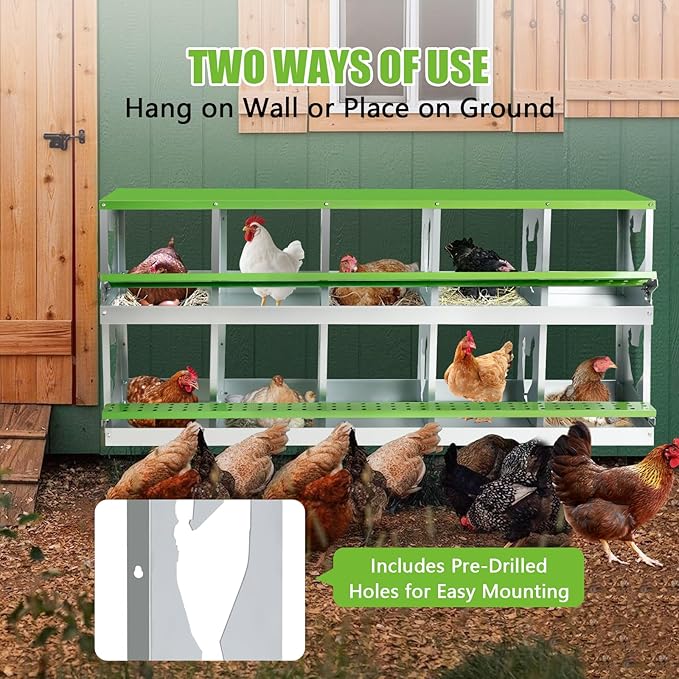 Chicken Nesting Box for Laying Eggs,10 Hole Roll Away Nesting Boxes,Chicken Laying Boxes with Large Vented Holes,Wall-Mountable Chicken Coop Nesting Boxes,Metal Laying Boxes for Hens,Ducks(Green)