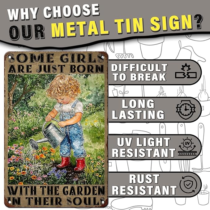 PEACHGARDEN Garden Signs for Outside Some Girls Are Just Born with The Garden Metal Tin Sign Vintage Outdoor Decor for Yard Patio Shed 8x12inch