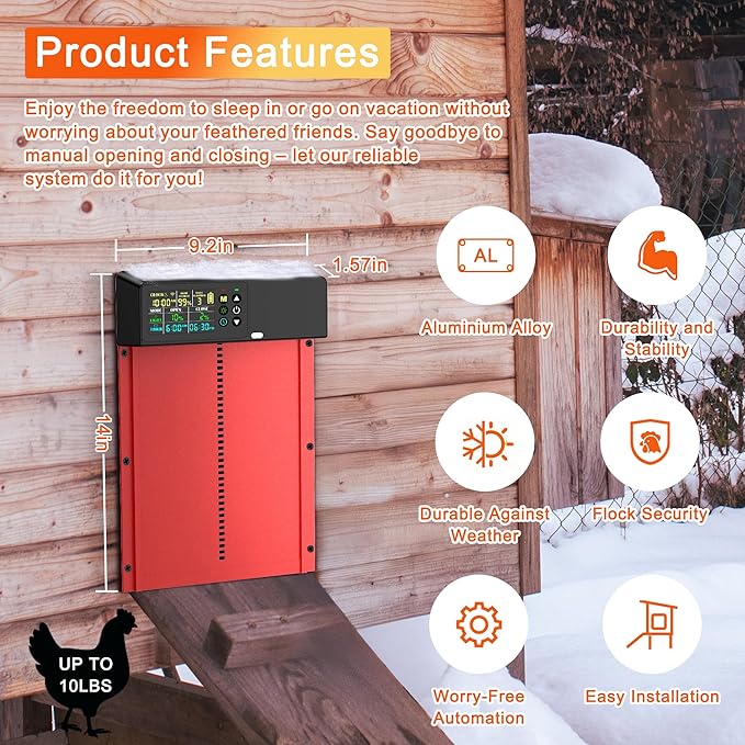 Chicken Coop Door Solar Powered with Programmable Remote Control, Automatic Aluminum Chicken Door 4 Modes with Color LCD Display