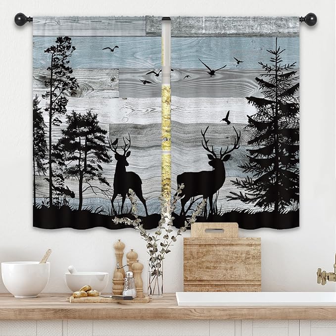 Farmhouse Deer Rustic Kitchen Curtains 27.5W x 39L Inch Cabin Lodge Country Forest Blue Wood Wooden Rod Pocket Short Small Window Treatment Drapes Decor 2 Panels