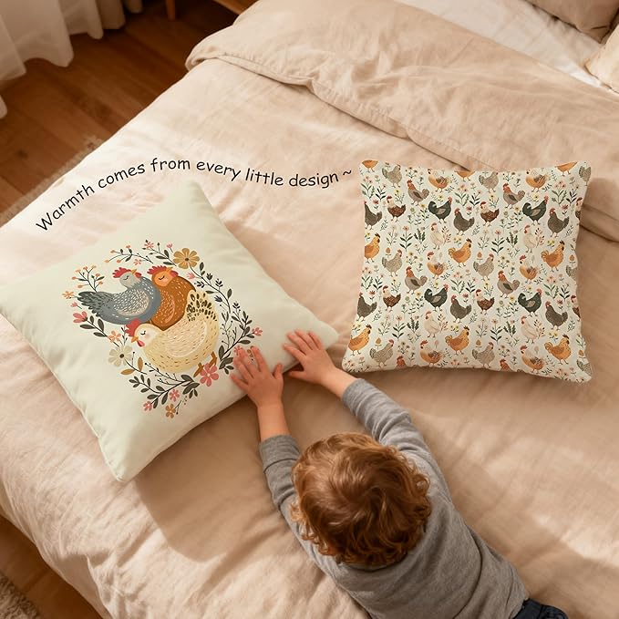 Rustic Floral Chicken Pillow Covers 18x18, Chicken Lover Lady Mom Gifts, Cottagecore Flower Farmhouse Hen Decorative Throw Pillow Covers for Home Bedroom Living Room, Set of 2