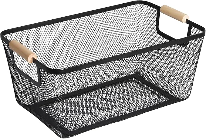 Metal Mesh Steel Basket, Large Wire Storage Organizer Basket Multi-function Hanging Kitchen Baskets with Wood Handle for Kitchen Bathroom Picnic Home, Rectangle-Black