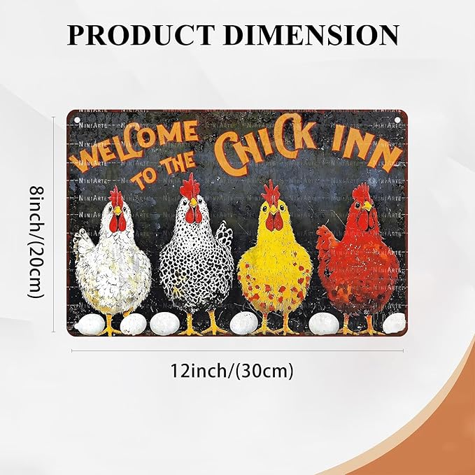 Funny Chicken Tin Sign Welcome To The Chick Inn Vintage Sign Metal Farm Sign for Garden Farm Chicken Coop Decor 8X12Inch
