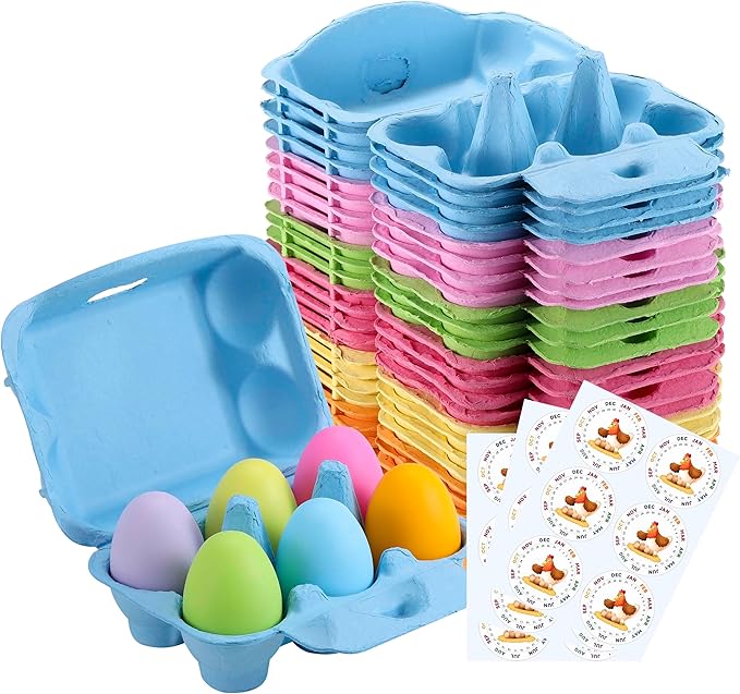 Half Dozen Egg Cartons 36 Pack, Colorful Blank Natural Pulp Egg Holder 6 Count for Chicken Eggs Reusable, Easter Color Storage Box for Holds Up to Six Container Basket Cardboard Paper, 36 Labels