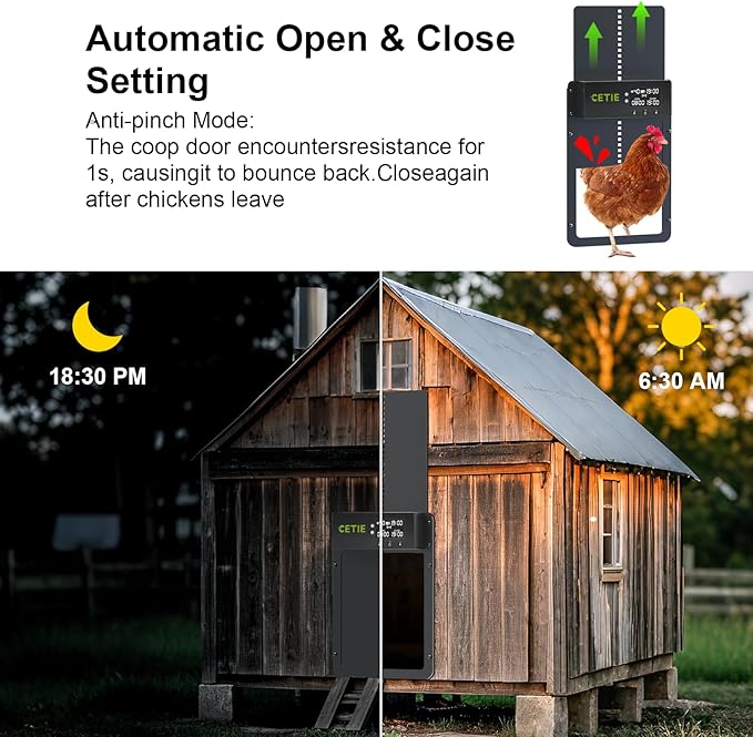 Automatic Chicken Coop Door,Chicken Coop Door with LCD Display,Multi-Modes for Chicken Door,Run Chicken Automatic Door with Anti-Pinch Feature,Solar Chicken Coop with Timer & Light Sensor