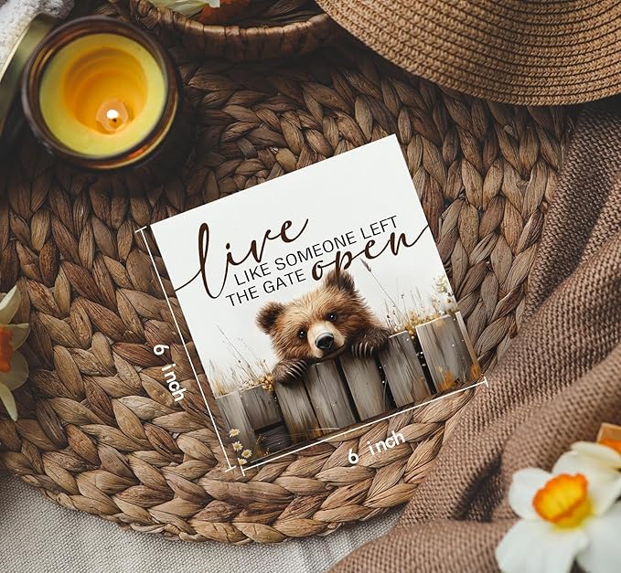 Rustic Bear Sign - Live Like Someone Left The Gate Open Wooden Box Signs, Bear Decorations For Home, Farmhouse Wood Decoration Home Decor For Desk Table Shelf 6x6 Inch Decorative Signs & Plaques