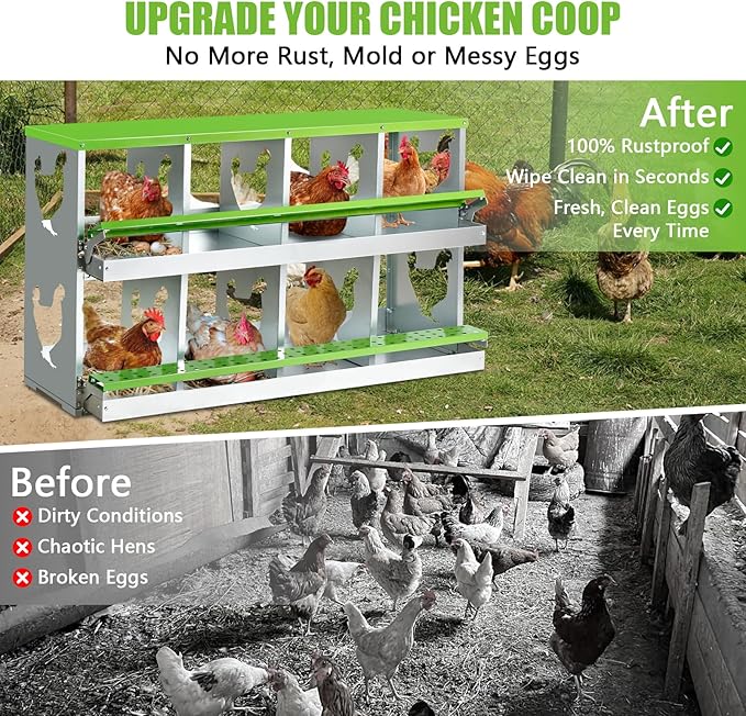 Chicken Nesting Box for Laying Eggs,8 Hole Roll Away Nesting Boxes,Chicken Laying Boxes with Large Vented Holes,Wall-Mountable Chicken Coop Nesting Boxes,Metal Laying Boxes for Hens,Ducks(Green)