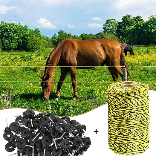 330 Feet Electric Fence Polywire & 30 Pcs Electric Fence Insulator, 1/8" Diameter Portable Electric Fencing Poly Wire Rope Line 6 Steel Strands for Reliable Conductivity & Rust Resistance