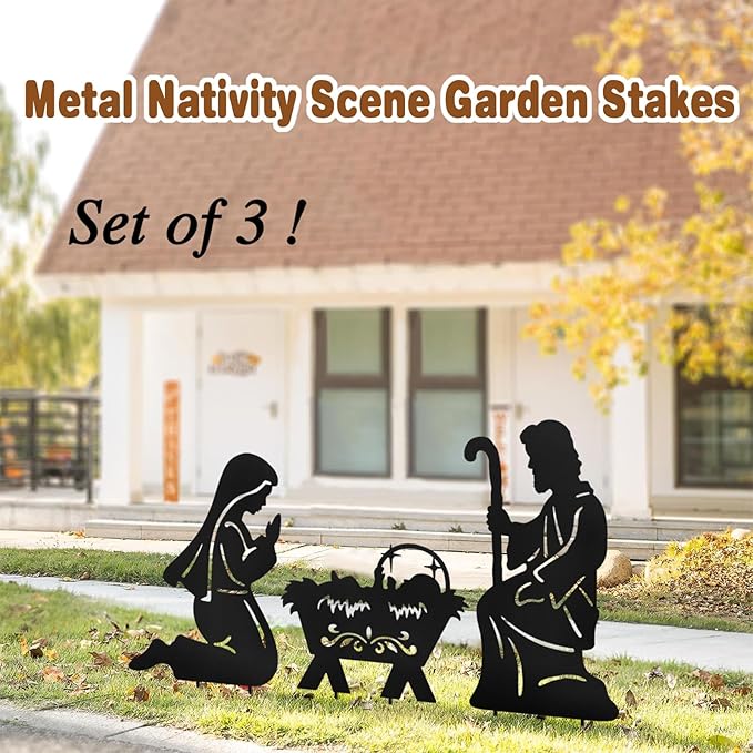 Nativity Silhouette Outdoor,Black Silhouette Nativity Scene for Yard Stake,Set of 3 Christmas Ornaments for Outside