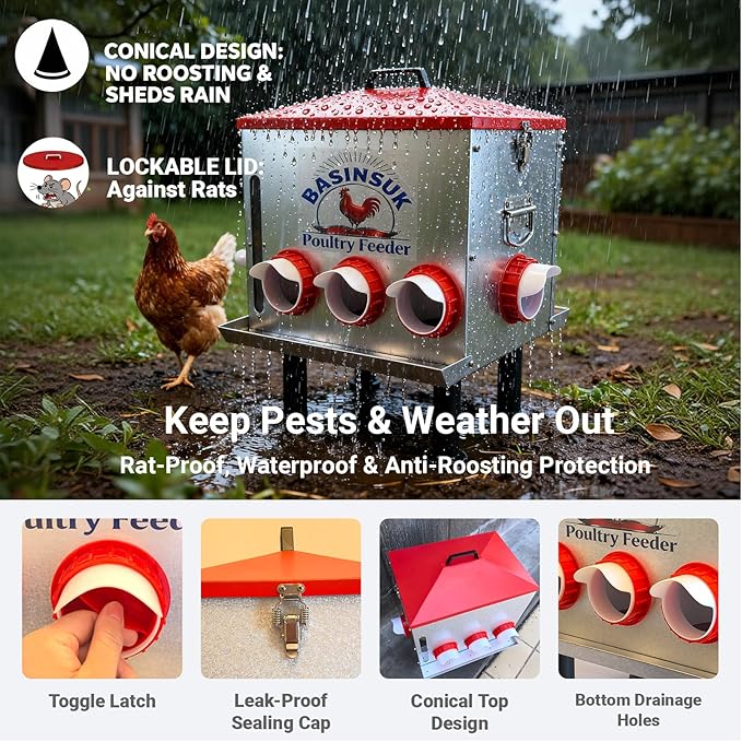 10Gal 55lb Automatic Chicken Feeder 8 Ports, Large Metal Poultry Feeder No Waste Rat-Proof with Window & Catchment Tray, Height Adjustable Waterproof Rust-Proof for Backyard Coop Duck Turkey