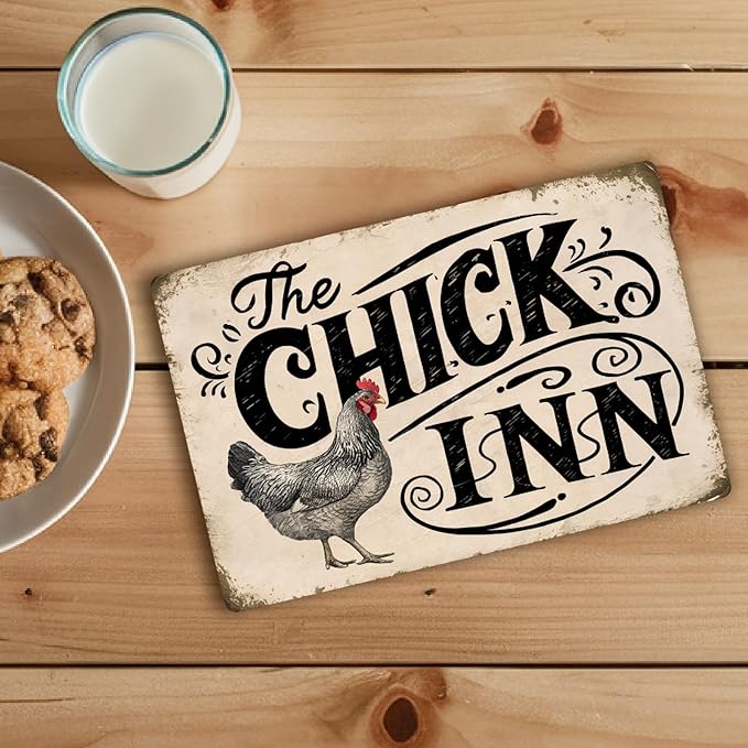 Vintage-Style "The Chick Inn" Sign - Rustic Farmhouse Decor with Detailed Chicken Illustration, 8" x 12"
