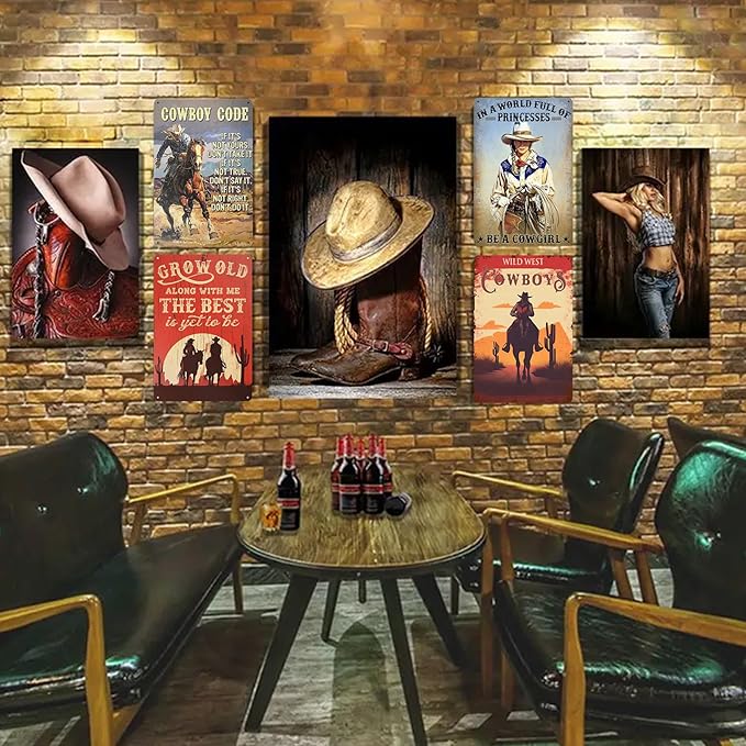 5pcs Vintage Western Cowboy Tin Sign - Retro Metal Wall Art Decor for Garage, Man Cave, Bar, or Home - 8x12 Inch - Perfect for Western Theme, Rustic Decor, and Gift Ideas