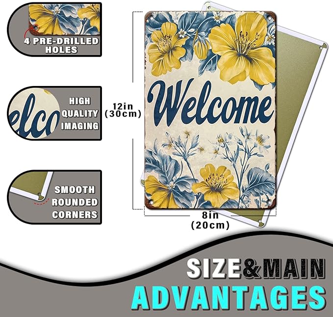 Flowers Vintage Tin Sig Welcome Metal Tin Sign Retro Sign for Home Bar Office Outdoor Wall Decor 12x16inch