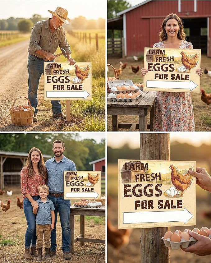 5-Pack Double Sided Farm Fresh Eggs Sale Signs with 10 Reinforced Fiberglass Stakes for Backyard Chicken Farm Advertising,16x12"