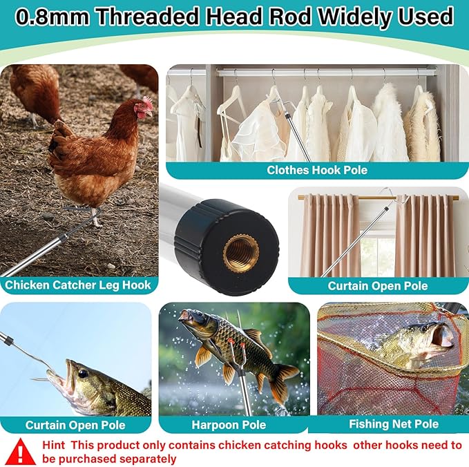 Chicken Catcher Net,37 to 93in Chicken Catcher Leg Hook Extra Long Handle Animal Catcher Pole Heavy Duty with Frosted Tube Extension Pole Poultry Hook Fowl Catcher (Stainless Steel Tube)