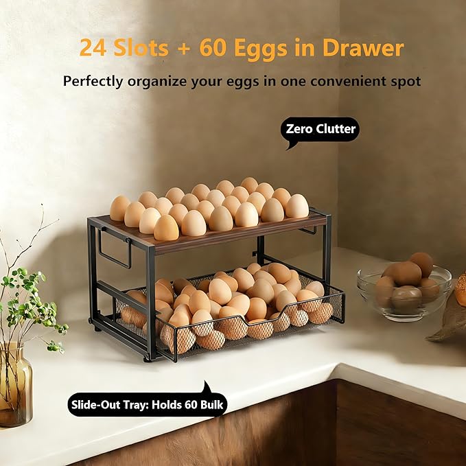 2-Tier Wooden Egg Storage Organizer with Basket – Holds 24+60 Chicken, Duck & Quail Eggs – Compact Countertop Holder with Carry Handle for Easy Transport