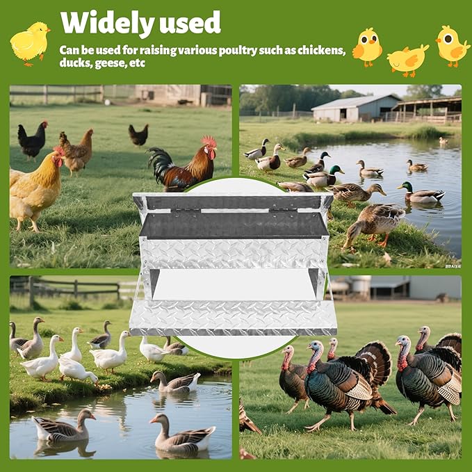 Treadle Chicken Feeder Automatic Large Poultry Feeders Capacity Treadle Self Opening Pou with Weatherproof Lid Rain Cover for Roosters Pheasant Chicken Outdoor Coop Silver Full Aluminum(11lbs/5000g)