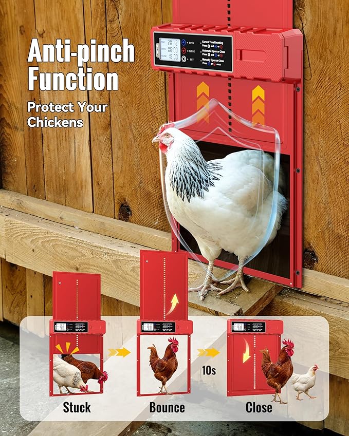 Automatic Chicken Coop Door Solar Powered with XL Large Size 10.8″x 14.2″ Red Auto Chicken Door Design with USB-C Charging & 3 Modes, Anti-Pinch & Aluminum Alloy Weather Proof