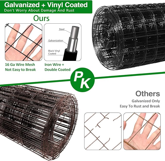 Wire Fence, 100 ft(L) X 36 in(H) PVC Coated Welded Wire Fencing 2" X 2" 16GA Garden Border Vinyl Metal Chicken Wire Fencing Mesh Roll for Yard Vegetable Plant Protection Poultry Netting Black