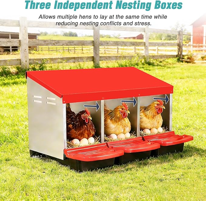 3-in-1 Roll Out Chicken Nesting Box with Removable Drawer – Green Metal Laying Nest for Hens, Easy Assemble, for Chicken Coop (Red)