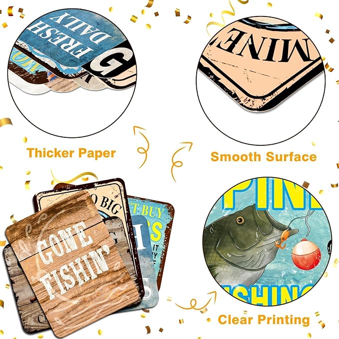 WERNNSAI Fishing Party Decorations - 9 PCS Gone Fishing Birthday Party Decorations for Boys - Fisherman Fish Theme - Vintage Wall Decor for Home Garden Yard
