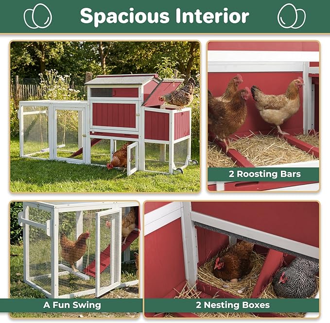 Chicken Coop with Wheels, Weatherproof Mobile Hen House Chicken Tractor with Run, Nesting Box, Roosting Bars, Pull-Out Tray, Asphalt Roof & Fun Swing for Chickens Quails, Backyard Use