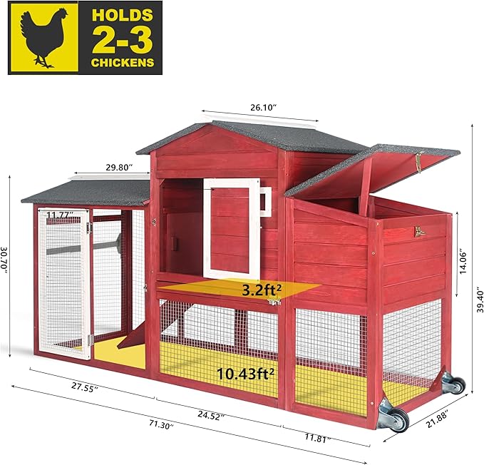 71" Chicken Coop Large Wooden Chicken Tractor - with Wheels Waterproof Outdoor Hen House Poultry Cage Back Yard Chicken Coops with Run, Laying Boxes and Secure Enclosure