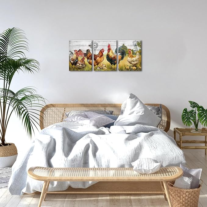 HOMEOART Farmhouse Wall Art Rooster Canvas Wall Art Farm Barn Chicken Pictures Wall Decor Prints Framed 12x16inchx3Pieces,Farmhouse Kitchen Living Room Decor