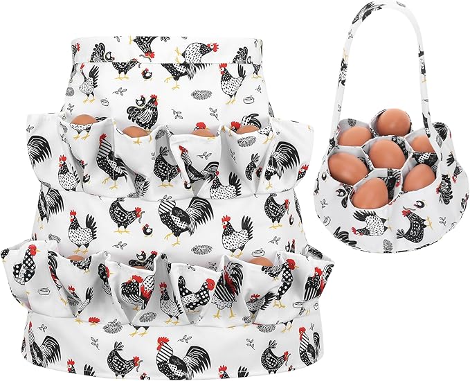 Egg Collecting Apron and Basket, 12 Pouches Chicken Egg Apron with 7 Pouches Basket, Aprons for Fresh Eggs for Chicken, Duck, Goose, Bird, Various Poultry Collection