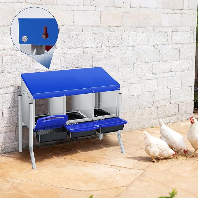 Chicken Nesting Box, 3-Hole Wall Mount Metal Chicken Nesting Box with Rollout Egg Collection & Easy-Clean Pull Out Tray, Roll Away Hen Roosting Boxes