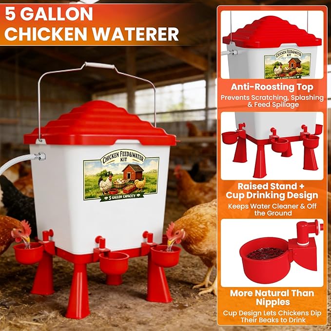 Automatic Chicken Feeder and Waterer Set, Chicken Coop Accessories - 5 Gallon Poultry Nipple Waterer with Stand, Easy Top Fill Chick Feeder (Red)