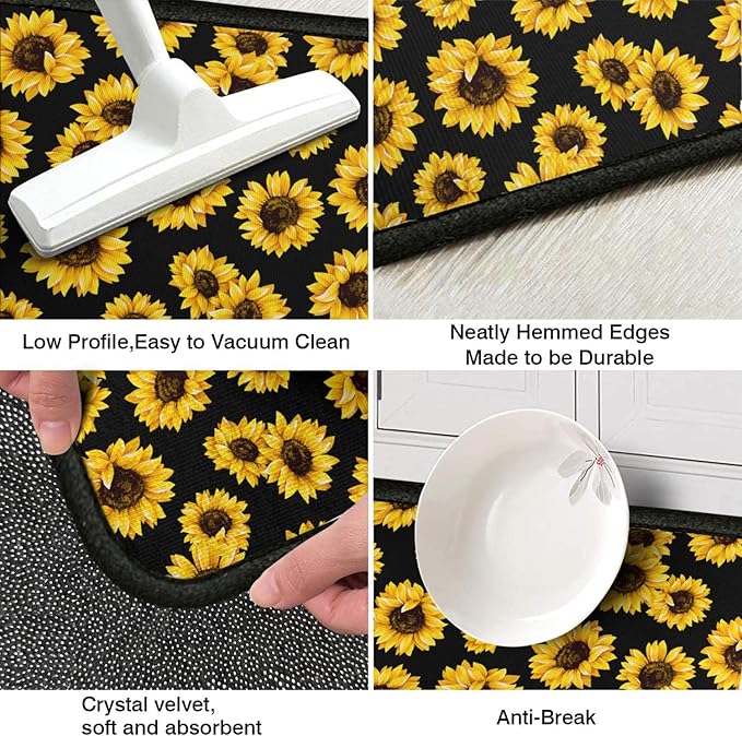 Roszwtit Sunflower Kitchen Rugs and Mats Set of 2, Black Sunflowers Non-Slip Backing Kitchen Rug, Kitchen Sets Low-Profile Washable Floor Mat for Home Kitchen Decor - 17x29 and 17x47 Inch