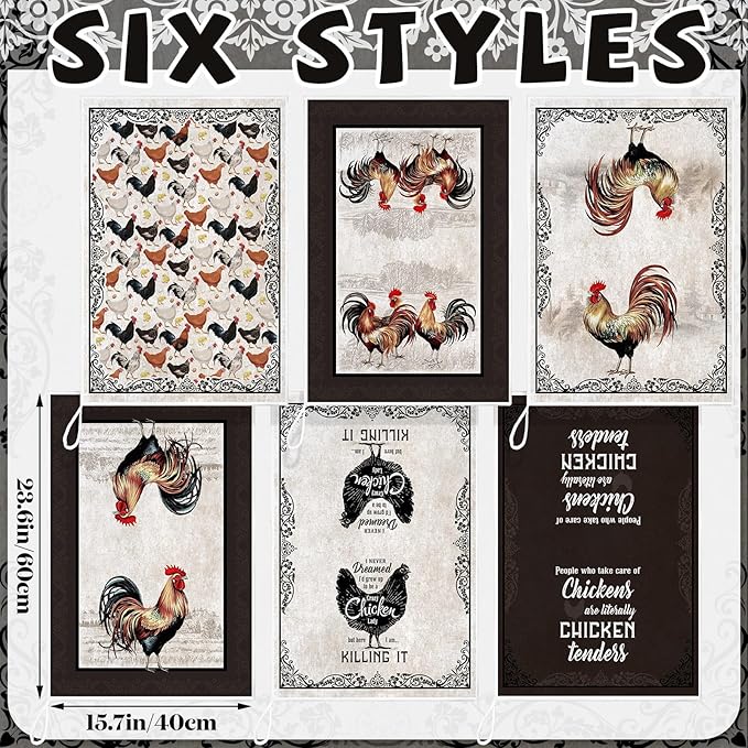 6 Pcs Retro Rooster Kitchen Towels Chicken Dish Towels Christian Farmhouse Vintage Hand Cloths Rustic Chicken Mom Gifts for Christmas Bathroom Decor Housewarming Gifts