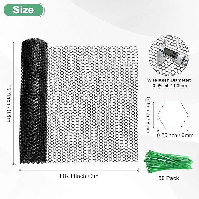 1-Pack Floral Chicken Wire Mesh, 15.7 in x 9.8 ft Plastic Hexagonal Chicken Wire Fencing with 50 Garden Ties for Poultry Netting/Garden/Plant Protection [Black]