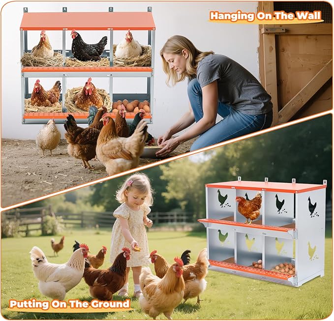 Chicken Nesting Box, 6 Compartment Metal Nesting Boxes for Chickens, Wall Mountable Chicken Laying Boxes, Easy Egg Collection, with Nesting Pads, Indoor & Outdoor Use, 31.8" L x 17" W x 25" H