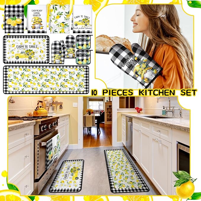 10 Pcs Lemon Kitchen Decor Set Dish Towels Kitchen Rugs Oven Mitts and Pot Holders for Cooking Baking Grilling Women Mom Gift