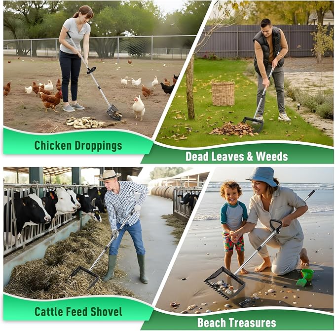 TOOGE Upgraded Chicken Poop Scooper: 10" Metal Pooper Scooper & Rake 4-Section 62" Long Handle Chicken Coop Scoop Scoopers Accessories Large Sand Sifting Litter Shovel for Goats/Yard/Farm/Beach Black