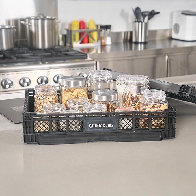 Restaurantware Plastic Milk Crates for Storage - 10 Pack - Cater Tek Stackable Storage Buns for Organizing - Collapsible Storage Basket for Groceries, Black