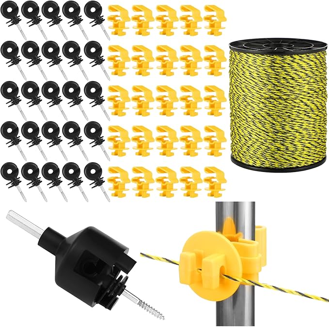 Kanayu 52 Pcs Electric Fence Kit Include 1640 ft Poly Wire 25 Black Fence Ring Insulators 25 Yellow T Post Insulators Socket Tool for Pet Animal Horse Cattle Livestock Pasture